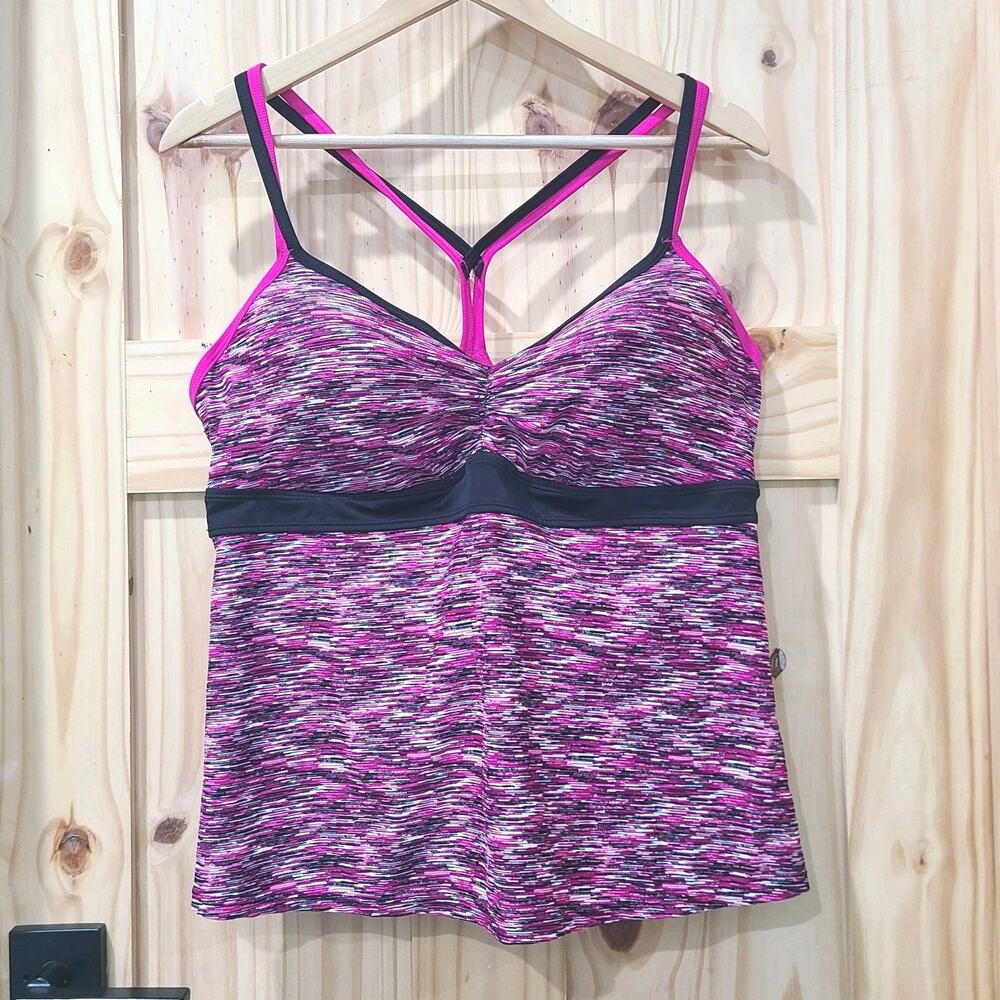 NWT Tropical Escape Racerback Tankini Pink Black Swimsuit Top Coquette Size 16
